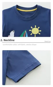Detail des blauen Jungen-T-Shirts mit Rundhalsausschnitt und Ärmelstich-Verarbeitung