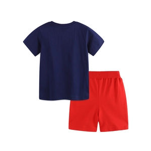 Back view of boys' navy cotton T-shirt and red shorts set in a casual summer style