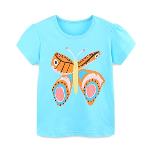 Light blue cotton girl's T-shirt with a colorful butterfly print and puffed short sleeves