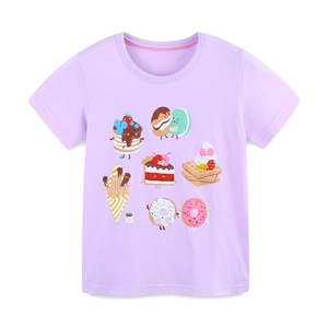 Short sleeve light purple girls' cotton t-shirt featuring colorful cartoon dessert prints