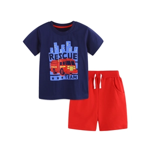 Kids navy t-shirt with rescue fire truck print and red drawstring shorts summer set