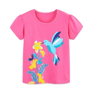 Girls bright rose pink cotton T-shirt featuring a colorful hummingbird floral print