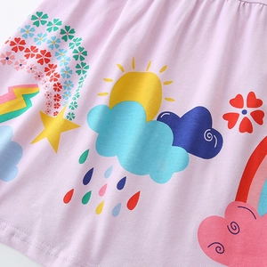 Girls cartoon rainbow and sun print dress in light purple soft cotton fabric