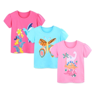 3-pack girls cotton short sleeve t-shirts with hummingbird butterfly and dinosaur prints