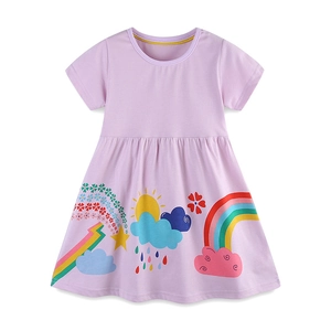 Short sleeve lavender girls princess dress with colorful rainbow and sun cartoon print