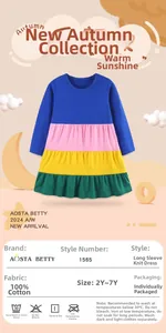 Detail view of colorful patchwork cotton dress showing 100% cotton fabric and 2Y-7Y sizes