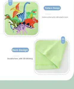 Dettaglio delle cuciture e stampa colorata con dinosauri su t-shirt in cotone verde chiaro