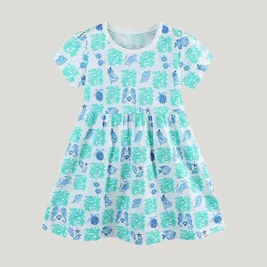 Abito Estivo da Bambina in Cotone a Manica Corta Stampa Marina Oceano Abito a Trapezio Casual Traspirante Bambini