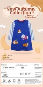 Detail of girls cotton knit dress featuring four embroidered guinea pigs and striped sleeves