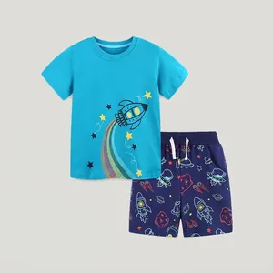 Vêtements d'Été en Coton pour Garçons Imprimé Fusée Espace T-Shirt à Manches Courtes Et Shorts Décontracté Tenue Souple
