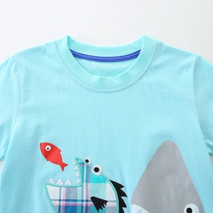 Boys light blue cotton short sleeve t-shirt with cartoon shark applique embroidery