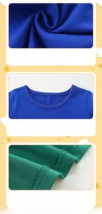 Detail of blue knitted cotton fabric, elastic round neck and hem stitching for girls dress