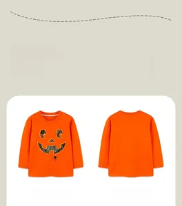 Vues avant et arrière du t-shirt orange enfant avec imprimé citrouille d'Halloween en toile d'araignée