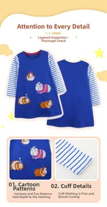 Detail of guinea pig embroidery and striped sleeve stitching on girls blue dress