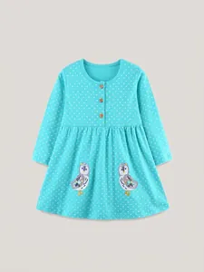 Robe en Tricot de Coton à Manches Longues pour Filles Pois Broderie Hibou Robe de Princesse Tutu pour Tout-Petits Style Occidental