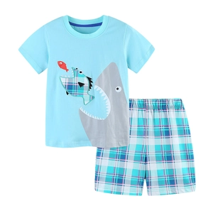 Toddler boys summer set with blue cartoon shark t-shirt and green plaid shorts