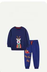Detail of navy blue kids' cotton sweatshirt set with Christmas reindeer and santa prints