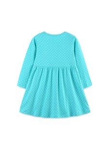 Robe princesse à manches longues pour fille bleu canard à pois blancs en coton tricoté