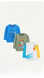 Flat lay of boys cotton long sleeve t-shirts featuring colorful cartoon animal prints