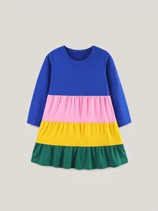 Girls Long Sleeve Knit Cotton Tiered Color Block Dress Round Neck Comfortable Multicolor Ruffle Skirt Kids Casual Clothing