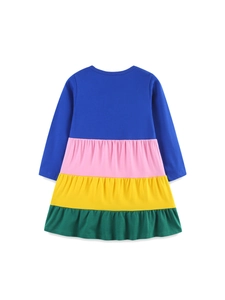 Long-sleeved cotton knit tiered dress for girls with blue pink yellow and green color blocking