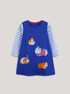 Girls Knitted Cotton Long Sleeve Dress Western Style Princess Dress Cute Cartoon Guinea Pig Embroidered Striped Autumn Kids Dress
