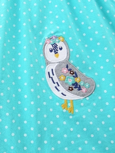 Robe à manches longues pour filles en coton vert d'eau avec pois et broderie hibou