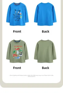 Front and back views of boys' long sleeve shirts with blue monster and animal prints