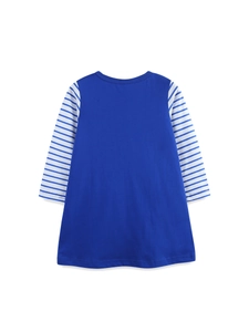 Girls royal blue knit dress with striped short sleeves and elegant A-line silhouette