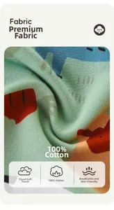 Close-up of 100% cotton breathable knit fabric with colorful cartoon print patterns