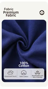 Close-up of dark blue 100% cotton knit fabric showing soft texture and fine weaving
