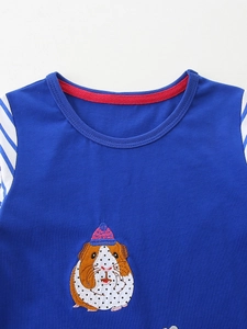 Short sleeve royal blue knit t-shirt for girls featuring a cute guinea pig embroidery