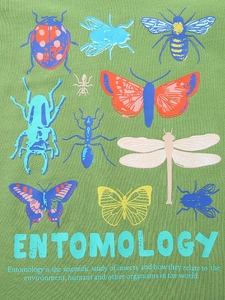 Kids long sleeve green cotton t-shirt with entomology insect prints and text description
