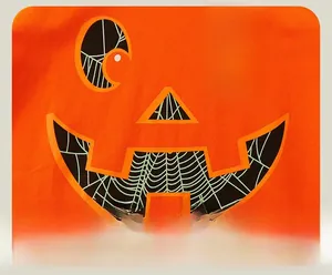 Gros plan sur l'imprimé citrouille d'Halloween avec texture toile d'araignée sur haut orange
