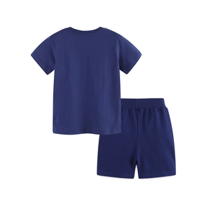 Boys Cotton Summer Outfit Short Sleeve Cartoon Construction Vehicle Embroidery T-Shirt and Shorts Navy Blue Casual Clothing