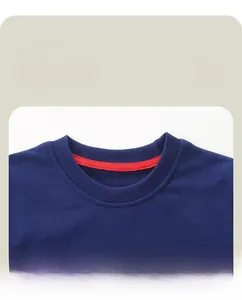 Detail of navy blue sweatshirt showing ribbed crew neck and red inner neck tape