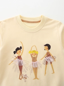 Beige crewneck girl sweatshirt with three ballerina illustrations and ribbed collar