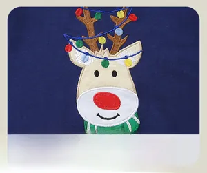 Close-up of reindeer embroidery with festive colorful lights on navy boy's sweater