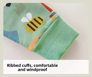 Detail of ribbed cuffs and mint green cartoon print on cotton long sleeve kids set