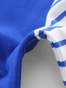 Girls striped princess dress featuring blue knit fabric and short sleeve embroidery