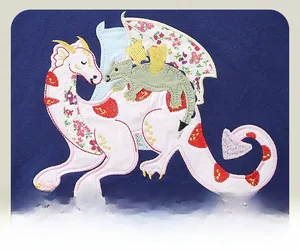 Detail of 3D dragon applique embroidery on navy blue knit cotton girl's sweatshirt