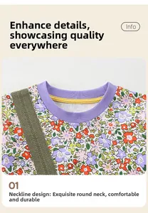 Détail d'une robe fleurie pour enfant avec col rond côtelé violet et ruban vert sergé