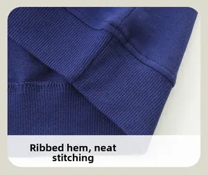 Detail of navy blue ribbed hem with precise stitching on girls' knitted sweatshirt