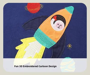 Détail de la broderie 3D de fusée et astronaute sur le sweat en maille bleu foncé