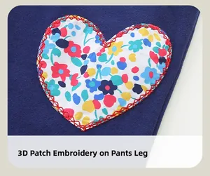 Detailed embroidery of floral heart patch on navy blue cotton children's sports trousers