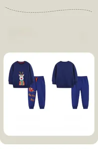 Detail of Christmas reindeer embroidery on navy blue cotton long sleeve kids tracksuit