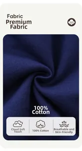 Detail view of deep blue 100% cotton fabric showing soft and breathable knit texture