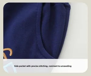 Detail view of smooth stitching on side pockets of dark blue cotton boys sports pants