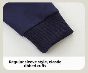 Detail of navy blue sweatshirt showing elastic ribbed cuffs and premium cotton knit texture