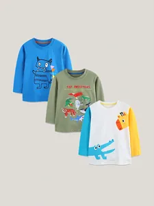 Boys Cotton Long Sleeve T-Shirt Set Casual Crew Neck Cartoon Animal Monster Educational Print Autumn Spring Kids Tops